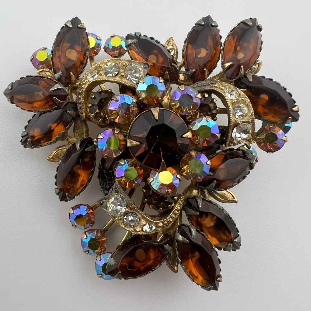 Vintage‎ Mid-Century Marquis & AB Rhinestone Brooch – Brown Amber, Riveted